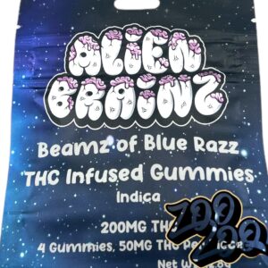 Alien Brainz 200mg Gummies **BEAMZ OF BLUE RAZZ** (indica) (4pc/50mgEach)